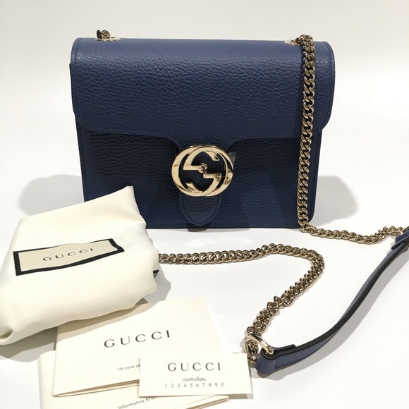 GUCCI INTERLOCKING G LEATHER CROSSBODY / SHOULDER BAG -BLUE -NWT - Picture 2 of 10